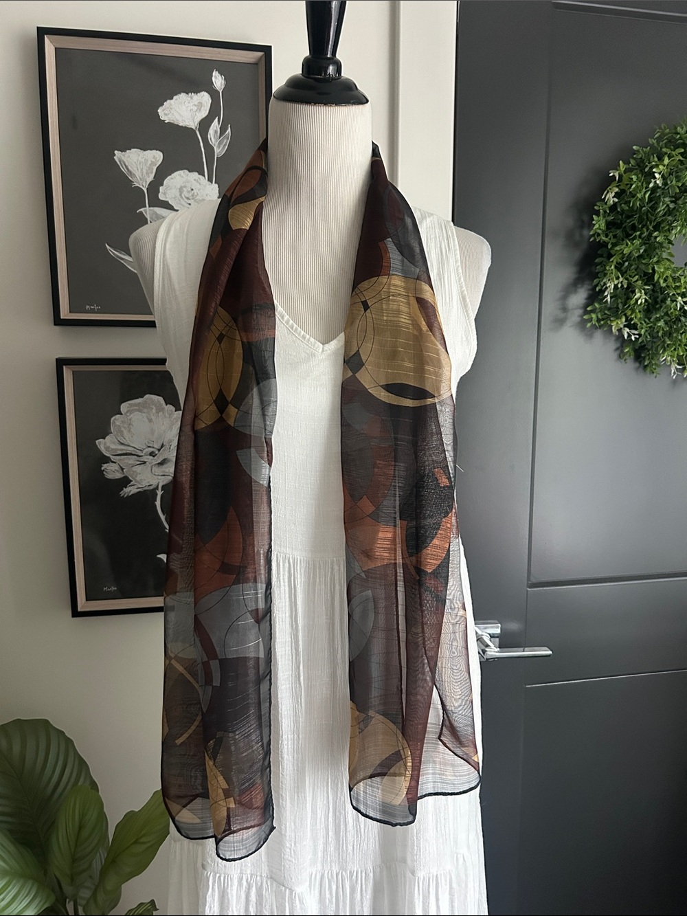58" long by 13" black tan gray brown sheer scarf sash waist tie